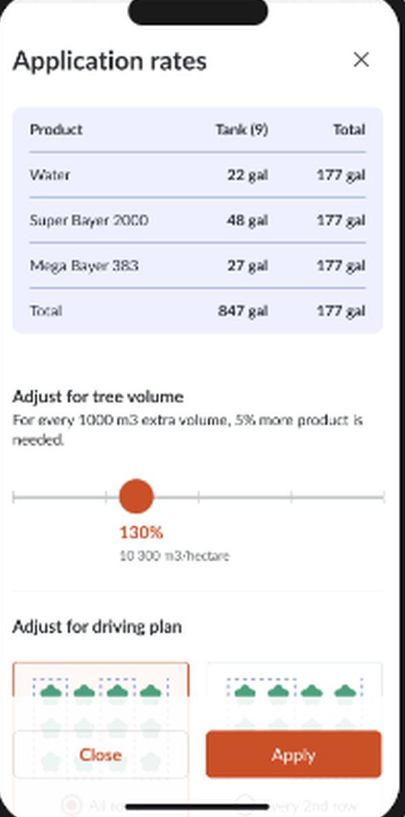Farmable Application rates screen showing tank totals, tree volume adjustment, and driving plan