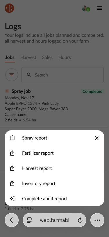 Farmable mobile app showing spray, fertilizer, harvest, inventory and complete audit report options