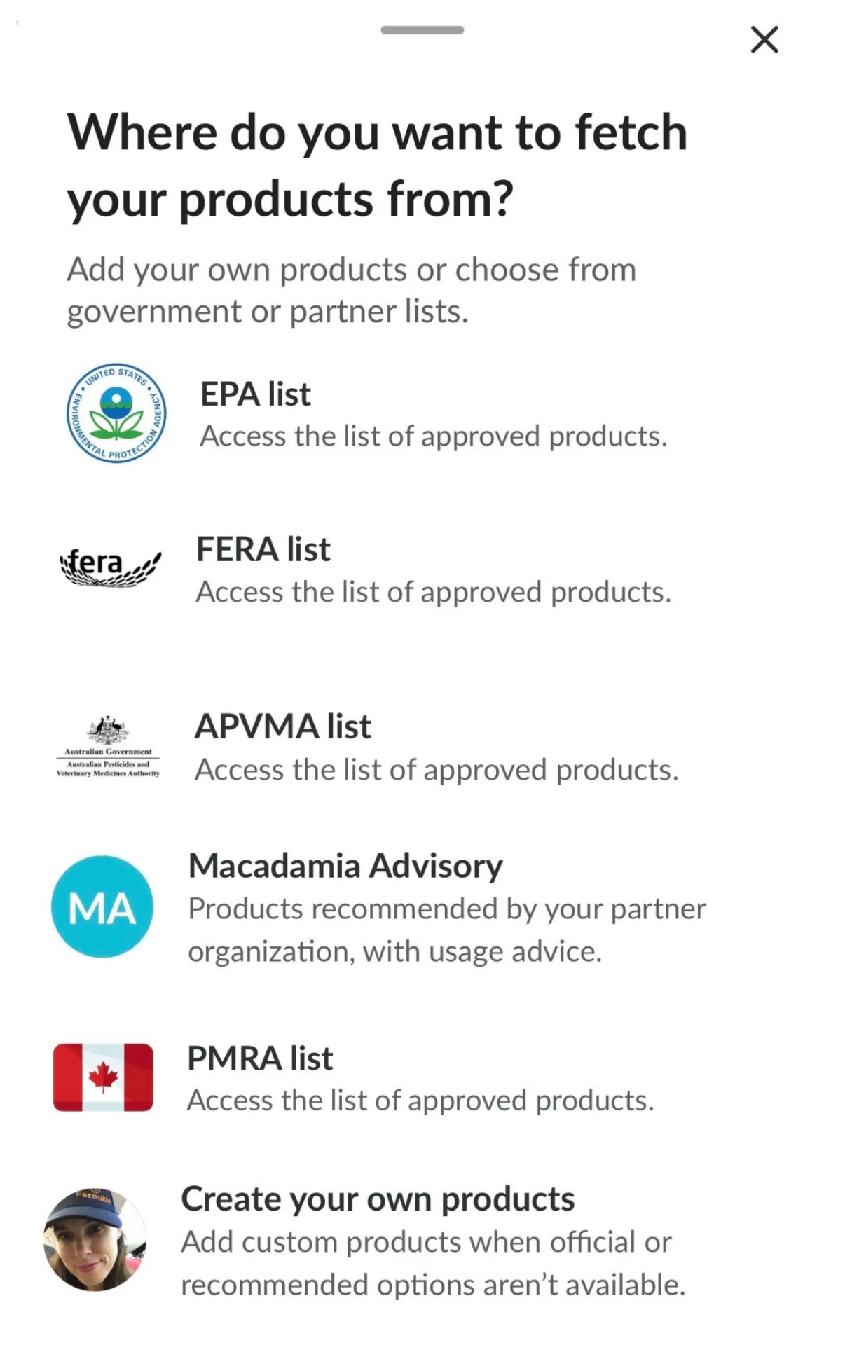 Farmable product library picker showing EPA, Fera, APVMA, PMRA and partner advisory lists