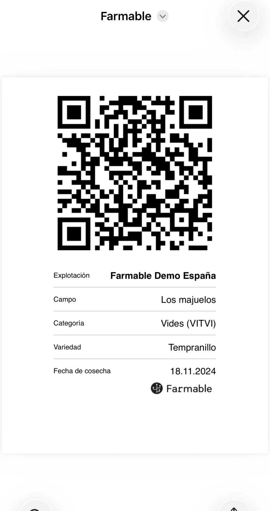 Etiqueta QR de trazabilidad en Farmable con explotación, campo, categoría, variedad y fecha de cosecha