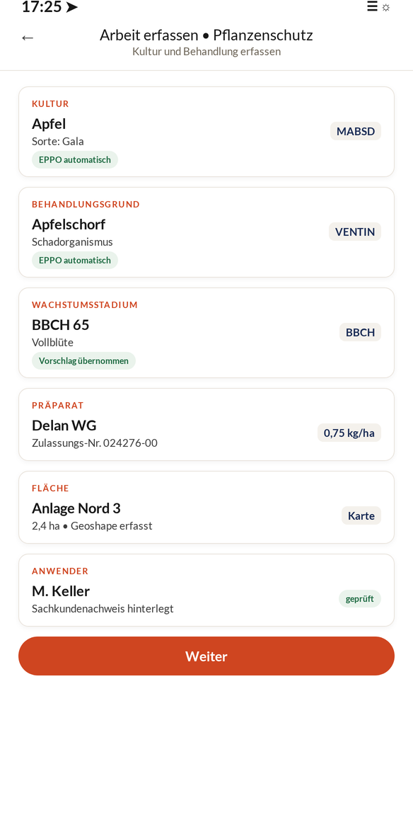 Screenshot mit automatisch ausgefülltem EPPO- und BBCH-Code