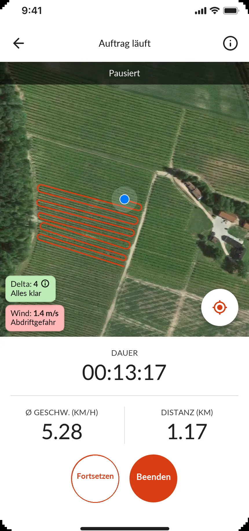 Farmable-App mit laufendem Spritzauftrag und GPS-Aufzeichnung