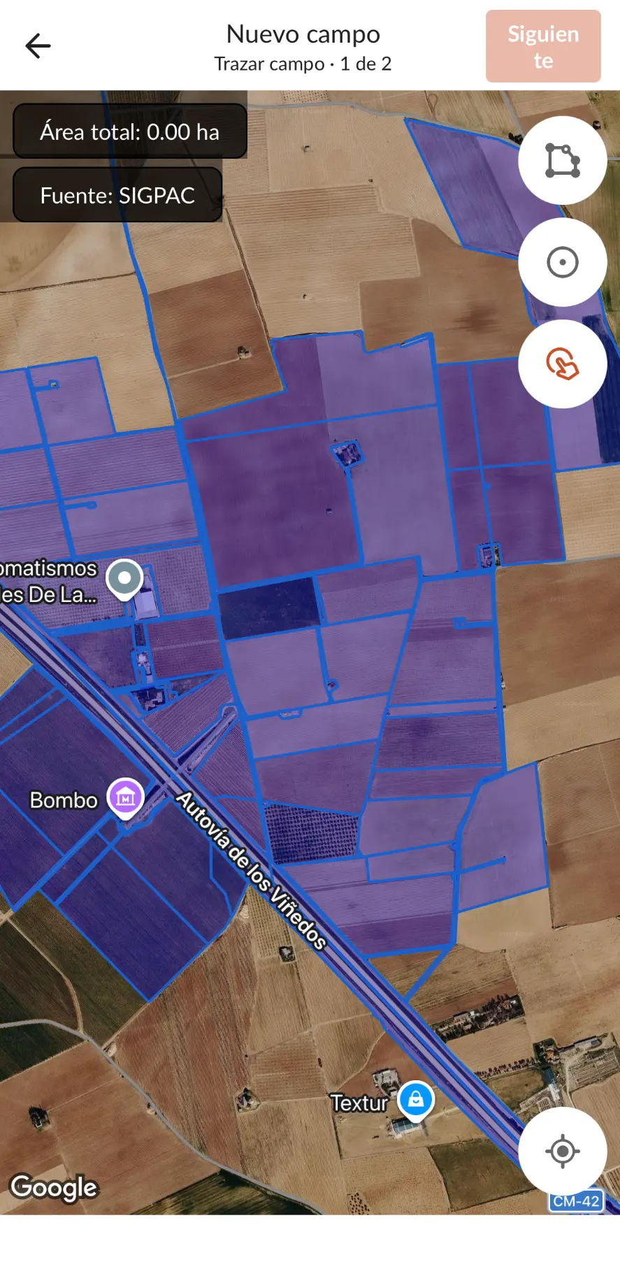 Trazado de un nuevo campo en la app Farmable sobre imagen satelital con parcelas SIGPAC