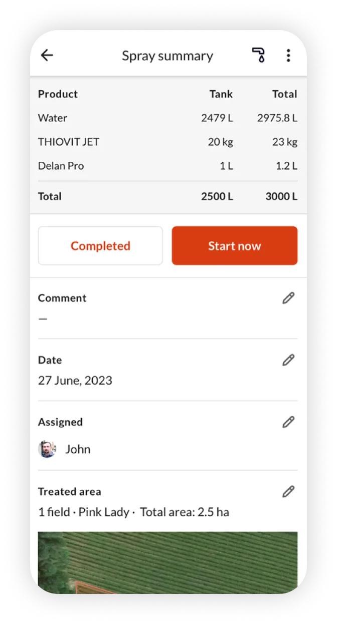 Spray summary screen with assigned operator and treated area