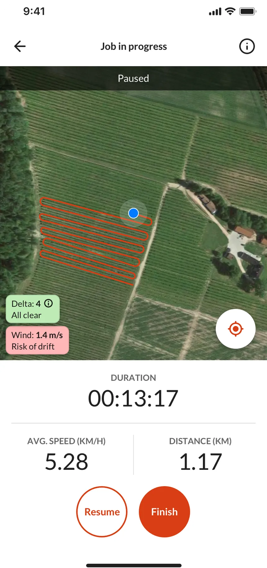 Farmable app job in progress, showing spray coverage on an orchard map